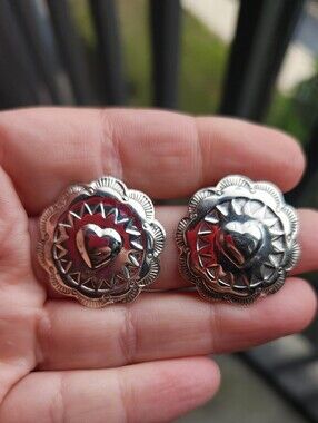 Handmade Sterling Silver 925 Heart Concho Post Back Statement Stud Earrings